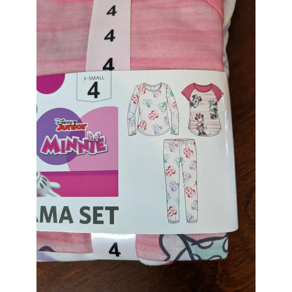 Disney Junior Minnie‎ Mouse Girls Pajama Set XS 4 Pink White Sleepwear 3 Piece